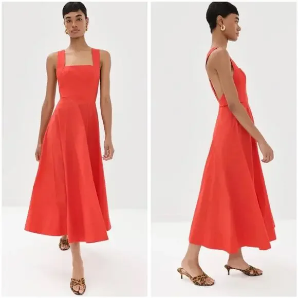 STAUD Teresa Square Neck Cross-Back Fit & Flare Midi Dress Stretch Cotton US10 - Picture 13 of 13